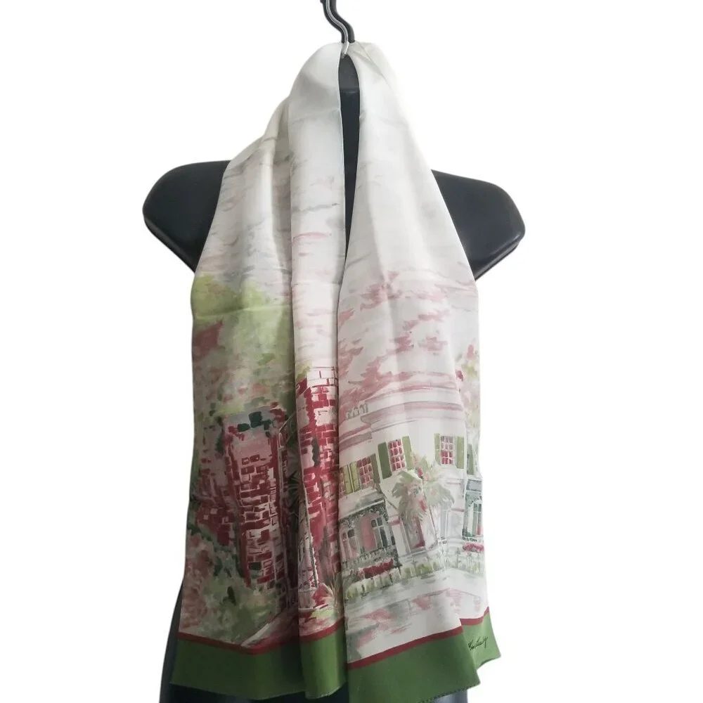 Women's Office Professional Travel Green/White 100% Silk Scarf